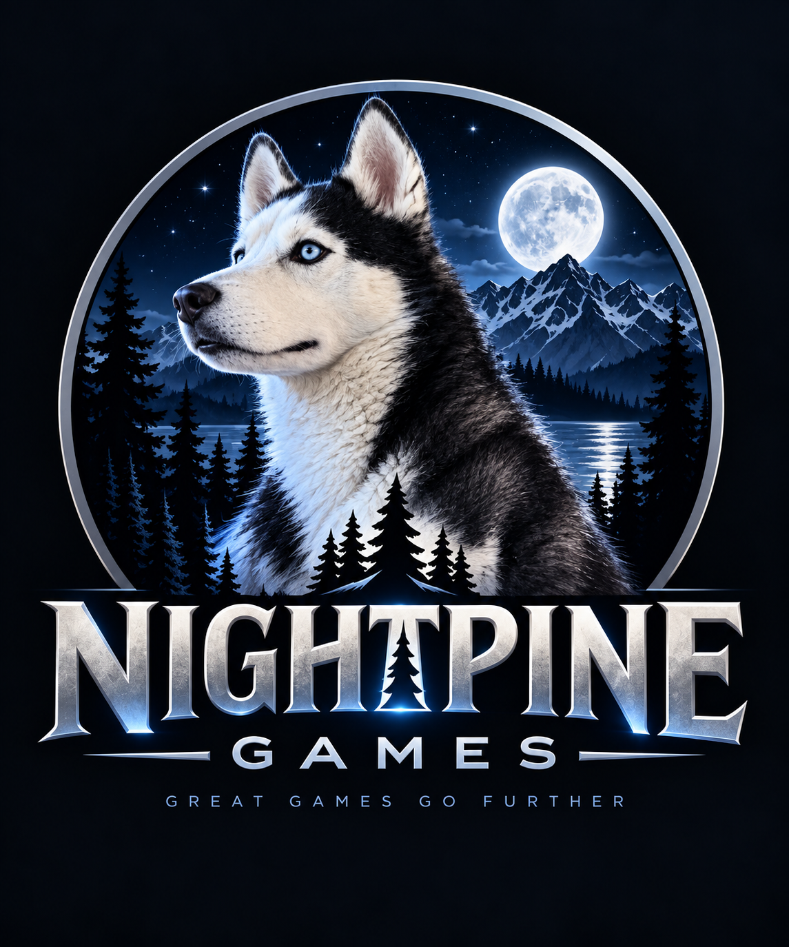 Nightpine Games logo featuring a husky, moonlit mountains and pine trees